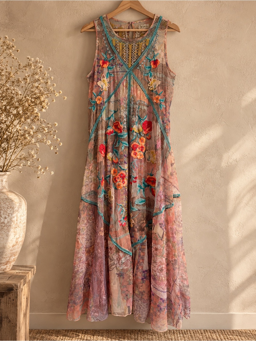 Johnny Was Jolene Mesh Dress Boho Floral Embroidered Maxi Dress in Multicolor